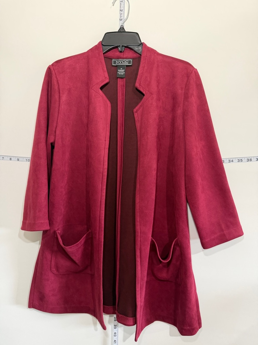 NYCC Faux Suede Open Front Jacket – Size M – Red 3/4 Sleeve Lightweight Blazer